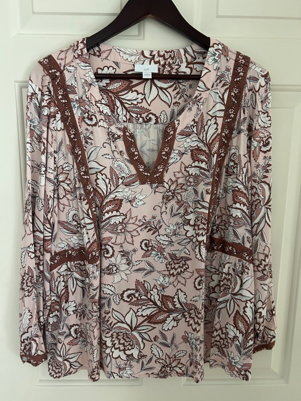 J. Jill Pink Floral V-Neck Flowy Tunic with Brown Trim Size L